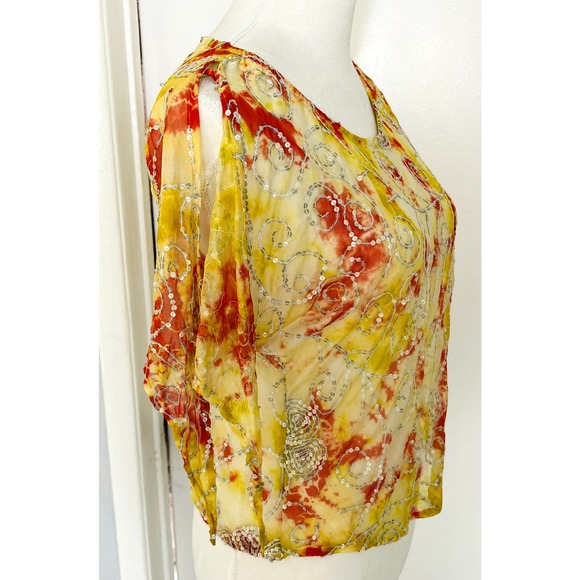 Y2k orange and yellow flowy sequined boho top Small - Picture 2 of 5